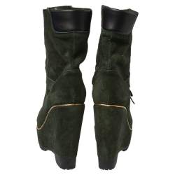 Pre Owned Sergio Rossi Dark Green Suede Lace Wedge Ankle Boots Size 40