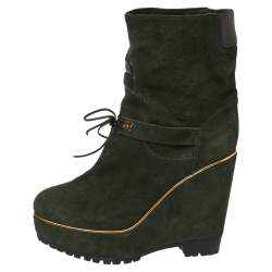 Pre Owned Sergio Rossi Dark Green Suede Lace Wedge Ankle Boots Size 40