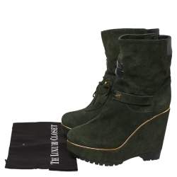 Pre Owned Sergio Rossi Dark Green Suede Lace Wedge Ankle Boots Size 40