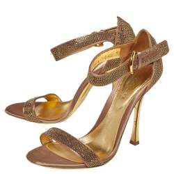 Sergio Rossi Gold  Satin And Crystal Embellished  Studded Ankle Strap Sandals Size 37