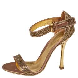 Sergio Rossi Gold  Satin And Crystal Embellished  Studded Ankle Strap Sandals Size 37