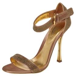 Sergio Rossi Gold  Satin And Crystal Embellished  Studded Ankle Strap Sandals Size 37