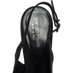 Pre Owned صندل سيرجيو روسي ساتان أسود مزخرف كريستال مقدمة مربعة فتحة كعب مقاس 38