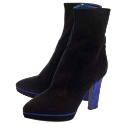 Pre Owned Sergio Rossi Black/Blue Suede Zipped Ankle Boots Size 40.5