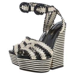 Pre Owned Sergio Rossi Black/Silver Leather Platform Block Heel Sandals Size 36.5