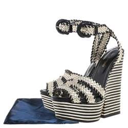 Pre Owned Sergio Rossi Black/Silver Leather Platform Block Heel Sandals Size 36.5