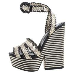 Pre Owned Sergio Rossi Black/Silver Leather Platform Block Heel Sandals Size 36.5