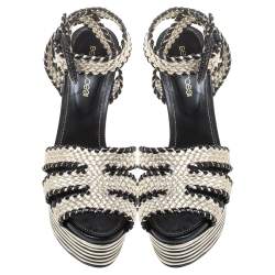 Pre Owned Sergio Rossi Black/Silver Leather Platform Block Heel Sandals Size 36.5