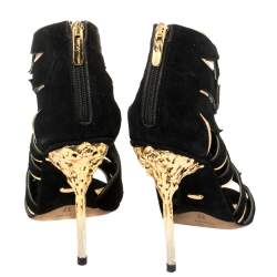 Pre Owned Sergio Rossi Black/Gold Suede Leather Cutout Open Toe Ankle Booties Size 37
