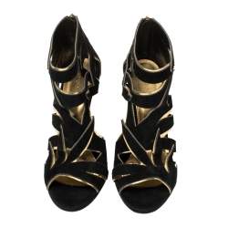 Pre Owned Sergio Rossi Black/Gold Suede Leather Cutout Open Toe Ankle Booties Size 37