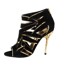 Pre Owned Sergio Rossi Black/Gold Suede Leather Cutout Open Toe Ankle Booties Size 37