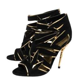 Pre Owned Sergio Rossi Black/Gold Suede Leather Cutout Open Toe Ankle Booties Size 37