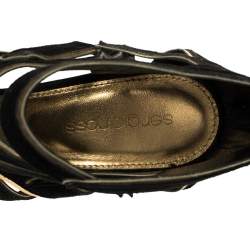 Pre Owned Sergio Rossi Black/Gold Suede Leather Cutout Open Toe Ankle Booties Size 37