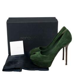 Pre Owned Sergio Rossi Green Suede Peep Toe Platform Pumps Size 39