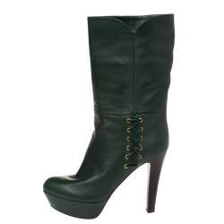 Sergio Rossi Green Leather Mid Calf Platform Boots Size 38.5