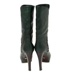 Pre Owned Sergio Rossi Green Leather Mid Calf Platform Boots Size 38.5