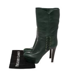 Pre Owned Sergio Rossi Green Leather Mid Calf Platform Boots Size 38.5