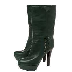 Pre Owned Sergio Rossi Green Leather Mid Calf Platform Boots Size 38.5