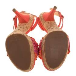 Pre Owned Sergio Rossi Orange Embroidered Strap Sandals Size 37.5