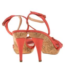 Pre Owned Sergio Rossi Orange Embroidered Strap Sandals Size 37.5