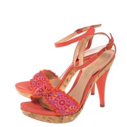 Pre Owned Sergio Rossi Orange Embroidered Strap Sandals Size 37.5