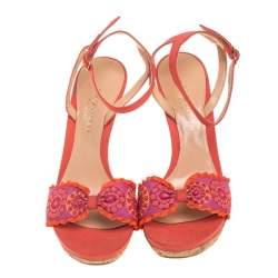 Pre Owned Sergio Rossi Orange Embroidered Strap Sandals Size 37.5