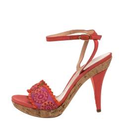 Pre Owned Sergio Rossi Orange Embroidered Strap Sandals Size 37.5
