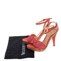 Pre Owned Sergio Rossi Orange Embroidered Strap Sandals Size 37.5