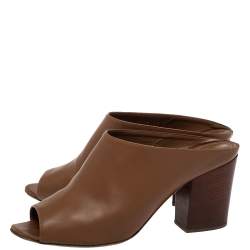 Pre Owned Sergio Rossi Brown Leather Block Heel Peep Toe Slide Sandals Size 40