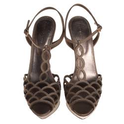 Sergio Rossi Brown Lizard Embossed Cut Out Leather Platform Ankle Strap Sandals Size 39.5