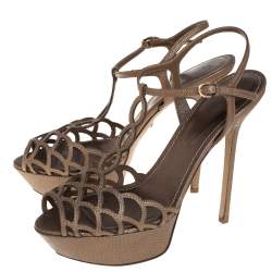 Sergio Rossi Brown Lizard Embossed Cut Out Leather Platform Ankle Strap Sandals Size 39.5