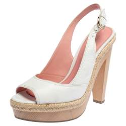 Pre Owned Sergio Rossi Pink/White Leather Espadrille Trim Platform Slingback Sandals Size 36