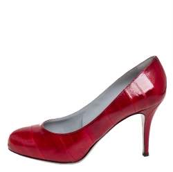 مملوكة مسبقًا حذاء كعب عالي سيرجيو روسي جلد أحمر لامع مقدمة مستديرة مقاس 38.5