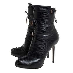 Pre Owned Sergio Rossi Black Lizard Embossed Leather Lace Up  Boots Size 38