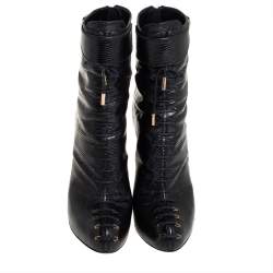 Pre Owned Sergio Rossi Black Lizard Embossed Leather Lace Up  Boots Size 38