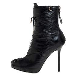 Pre Owned Sergio Rossi Black Lizard Embossed Leather Lace Up  Boots Size 38