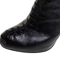 Pre Owned Sergio Rossi Black Lizard Embossed Leather Lace Up  Boots Size 38