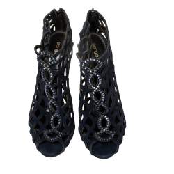 Sergio Rossi Blue Suede Crystal Embellished Scalloped Peep Toe Caged Booties Size 39