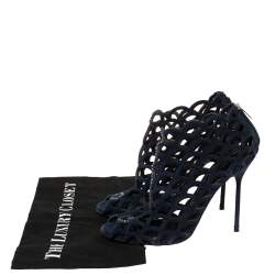 Sergio Rossi Blue Suede Crystal Embellished Scalloped Peep Toe Caged Booties Size 39