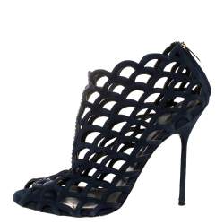 Sergio Rossi Blue Suede Crystal Embellished Scalloped Peep Toe Caged Booties Size 39