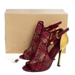 Pre Owned Sergio Rossi Burgundy/Gold Lace And Leather Ankle Boots Size 39