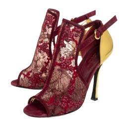 Pre Owned Sergio Rossi Burgundy/Gold Lace And Leather Ankle Boots Size 39