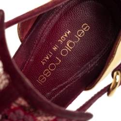 Pre Owned Sergio Rossi Burgundy/Gold Lace And Leather Ankle Boots Size 39