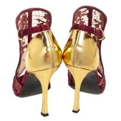 Pre Owned Sergio Rossi Burgundy/Gold Lace And Leather Ankle Boots Size 39