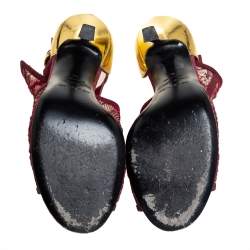 Pre Owned Sergio Rossi Burgundy/Gold Lace And Leather Ankle Boots Size 39