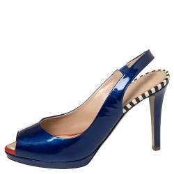 Pre Owned Sergio Rossi Blue Patent Leather Peep Toe Slingback Sandals Size 36