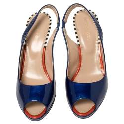 Pre Owned Sergio Rossi Blue Patent Leather Peep Toe Slingback Sandals Size 36