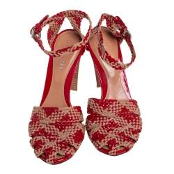 مملوكة مسبقًا صندل سيرجيو روسي جلد مغزول لامع ورافية بيج/أحمر بحزام للكاحل مقاس 35