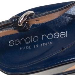 Pre Owned صندل سيرجيو روسي جلد أسود لامع كعب روكي نعل سميك بحزام للكاحل مقاس 39.5