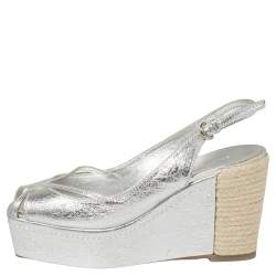 Pre Owned صندل سيرجيو روسي كعب روكي فتحة كعب نعل سميك إسبادريل جلد فضي مقاس 39.5